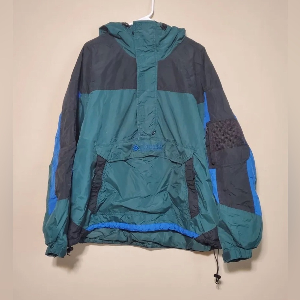 Vintage Columbia Mens Size XL Pull Over Jacket Insulated Hooded Green Black FLAW